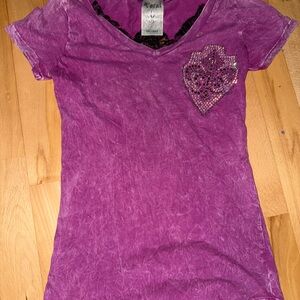 Affliction Purple V-Neck Tee with Sequin Heart